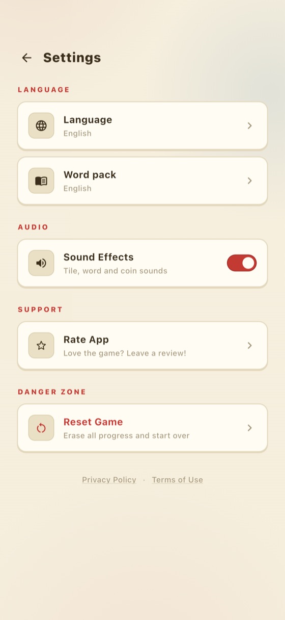 Settings screen