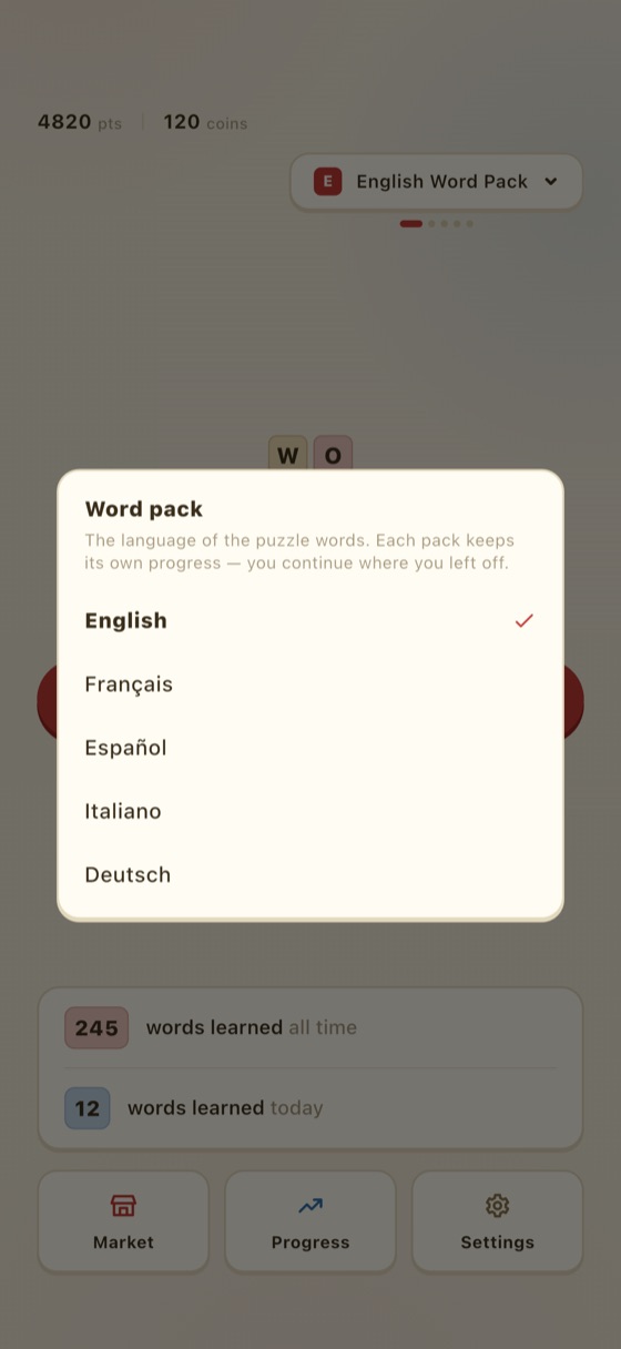 Word pack picker showing five languages